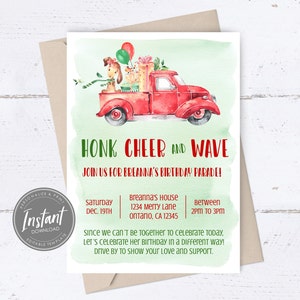 Editable Drive By Christmas Birthday Invitation, Holiday Car Parade Invite, Drive Thru Social Distancing Party, Digital Print Text Email