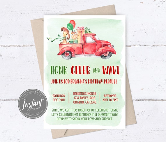 Editable Drive By Christmas Birthday Invitation, Holiday Car Parade Invite, Drive Thru Social Distancing Party, Digital Print Text Email Il_570xn