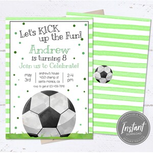 サッカー誕生日招待状、サッカーパーティー、スポーツ招待状、男の子サッカーテンプレート、スポーツチームパーティー、男の子編集可能印刷可能な電子メールテキストデジタル