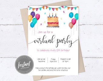 Virtual Birthday Party Invitation, Quarantine Birthday, Social Distancing, Online Birthday Invite, Quarantine Party, Digital, Editable