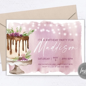 Birthday Invitation Template | Watercolor Birthday Cake Invite | Editable Purple Pink Invitation | DIY Party Printable | Print or Text