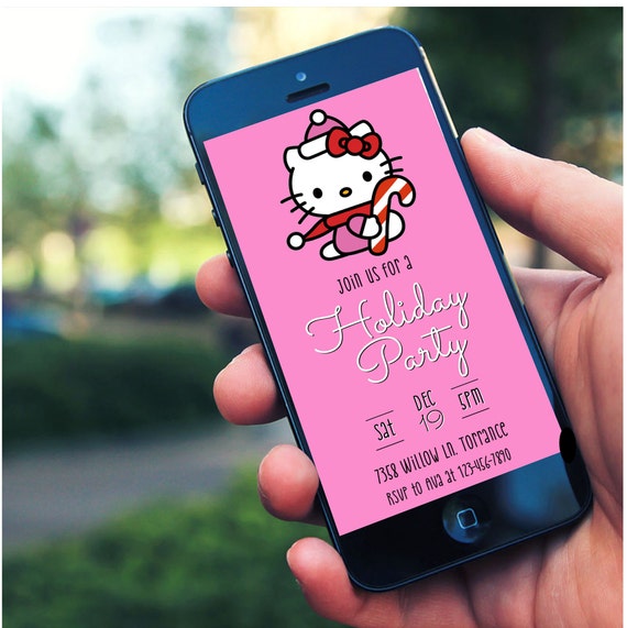 Editable Hello Kitty Christmas Invitation, Digital Holiday Invite, Text or Post on Social Media Cute Girls X-Mas Invitation Instant Download Il_570xn