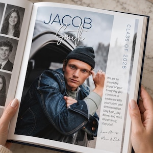 May include: A yearbook page featuring a portrait of a person wearing a dark beanie and denim jacket. The text reads Jacob Smith, Class of 2028, and includes a congratulatory message from parents. Smaller portraits of other individuals are visible on the left.
