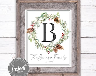 Personalized Christmas Print, Family Monogram Wreath, Holiday Wall Art, Christmas Sign Printable, Wedding Gift, Editable Instant Download