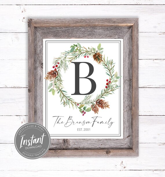 Personalized Christmas Print, Family Monogram Wreath, Holiday Wall Art, Christmas Sign Printable, Wedding Gift, Editable Instant Download Il_570xn