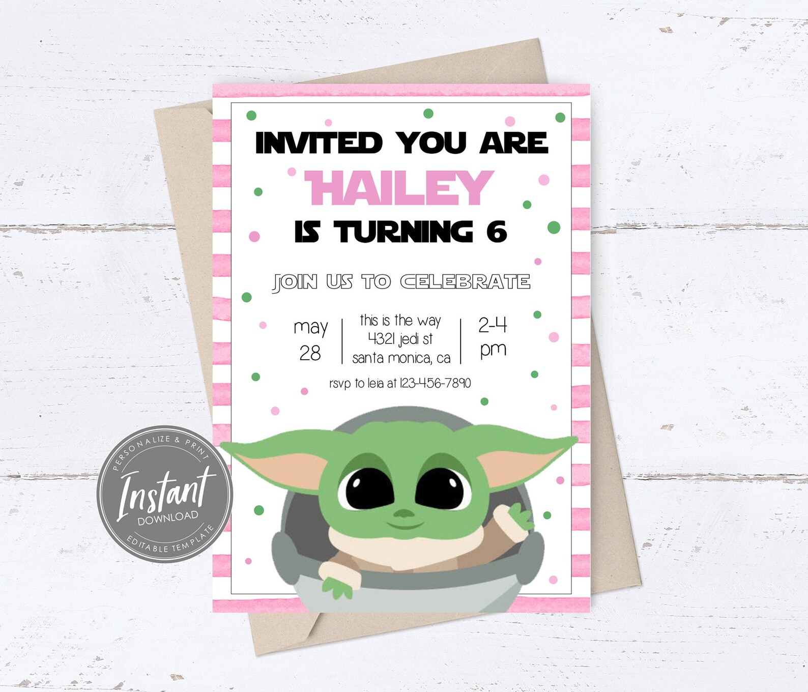 Girls Baby Yoda Birthday Invitation Star Wars Party Etsy UK