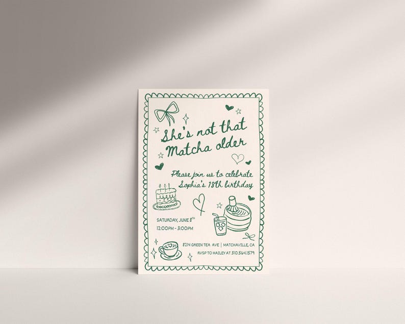 May include: A white invitation card with green text and illustrations. The text reads "She's not that Matcha older" and invites guests to Sophia's 18th birthday. Includes a cake, tea cup, and other graphics.