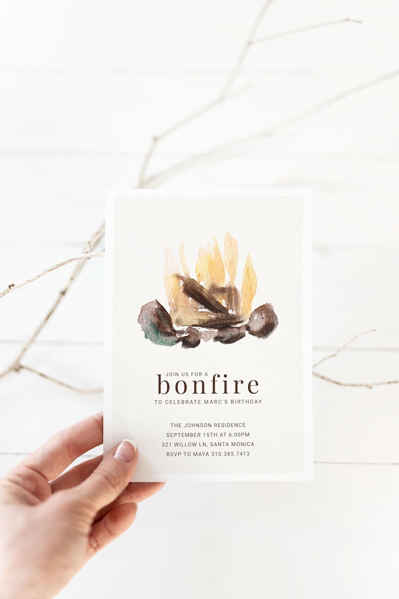 May include: A watercolour invitation featuring a bonfire illustration. The text reads "Join us for a bonfire to celebrate Marc's birthday" with event details. The invitation is held against a white background.