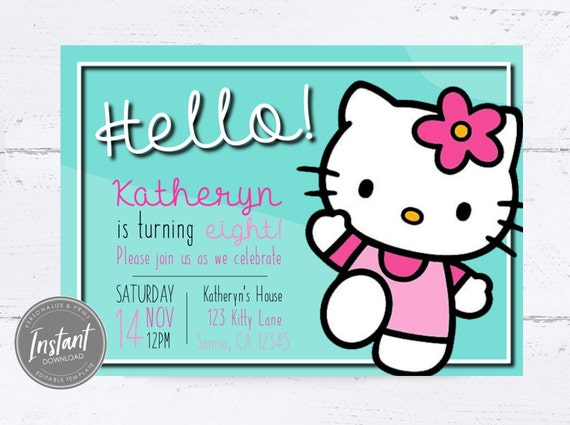 Hello Kitty Birthday Invitation Template, DIY Editable Printable Digital Sanrio Invite, Hello Kitty Party Invitations Il_570xn