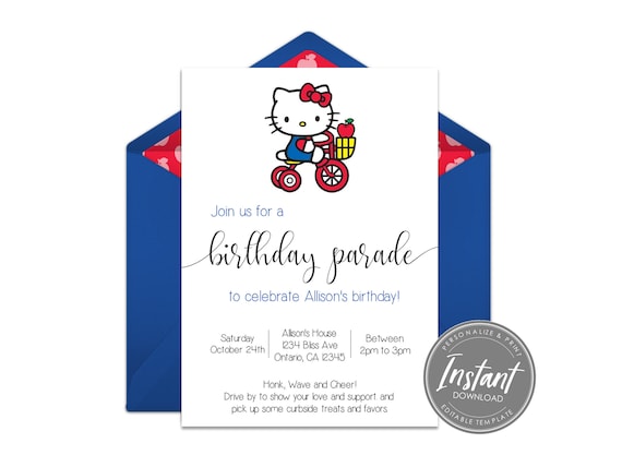 Editable Hello Kitty Drive By Birthday Parade Invitation, Girls Drive Thru Birthday Invite, Social Distancing Party, Download Print or Text Il_570xn