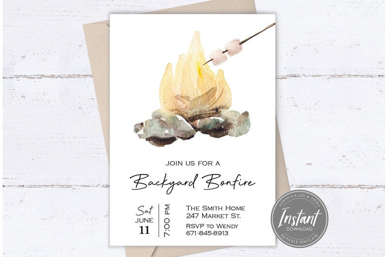 May include: Invitation to a backyard bonfire with a watercolor illustration of a campfire with a marshmallow on a stick. The text reads "Join us for a Backyard Bonfire" with the date and time "Sat June 11 7:00 PM" and the location "The Smith Home 247 Market St. RSVP to Wendy 671-845-8913".
