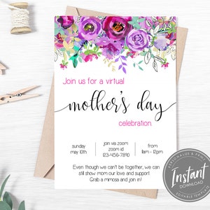 May include: A printable invitation for a virtual Mother's Day celebration. The invitation features a watercolor floral design in shades of purple, pink, and green. The text reads "Join us for a virtual Mother's Day celebration." and includes details for joining the virtual event via Zoom.