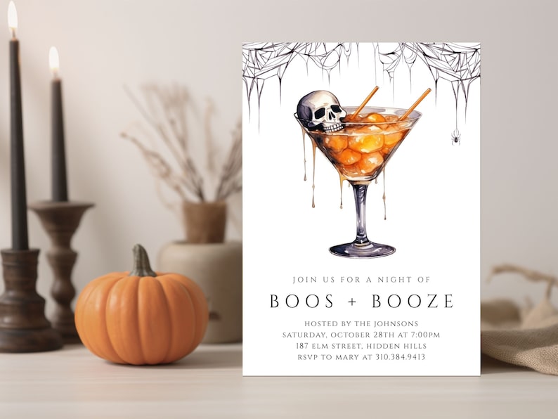 Invito per festa di Halloween / Modello di invito moderno per Halloween / Invito per cocktail party di Halloween / Boos and Booze / Invito digitale immagine 2