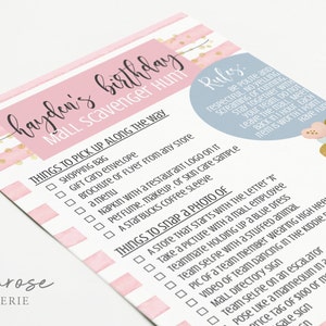 May include: A pink and gold printable scavenger hunt checklist for a birthday party. The checklist includes items to pick up and photo challenges to complete at the shopping centre. The text on the checklist reads "Hayden's Birthday Mall Scavenger Hunt".