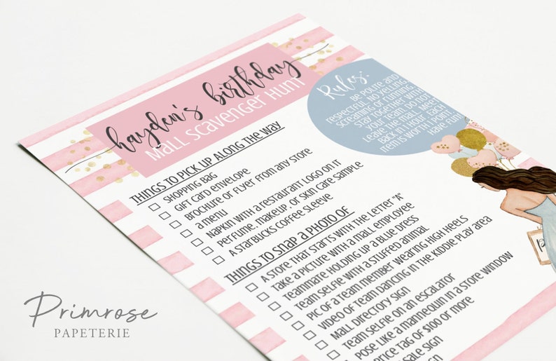 May include: A pink and gold printable scavenger hunt checklist for a birthday party. The checklist includes items to pick up and photo challenges to complete at the shopping centre. The text on the checklist reads "Hayden's Birthday Mall Scavenger Hunt".