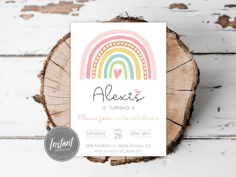 Pastel Rainbow Birthday Invitation Editable Rainbow Invite Rainbow Party Invitation Template Any Age DIY Digital Print or