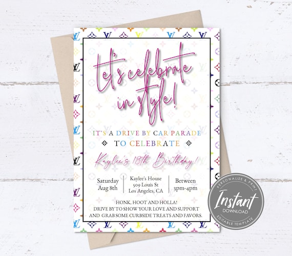 Louis Vuitton Inspired Invitation, LV Invite, Drive By Birthday, Car