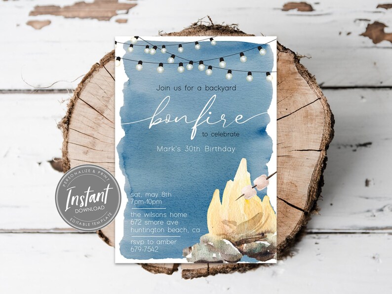 May include: A blue and white invitation for a backyard bonfire to celebrate a 30th birthday. The invitation features a watercolor background with string lights, a campfire, and a marshmallow on a stick. The text reads "Join us for a backyard bonfire to celebrate Mark's 30th Birthday. Sat, May 8th 7pm-10pm The Wilsons Home 672 Smore Ave Huntington Beach, CA RSVP to Amber 679-7542"