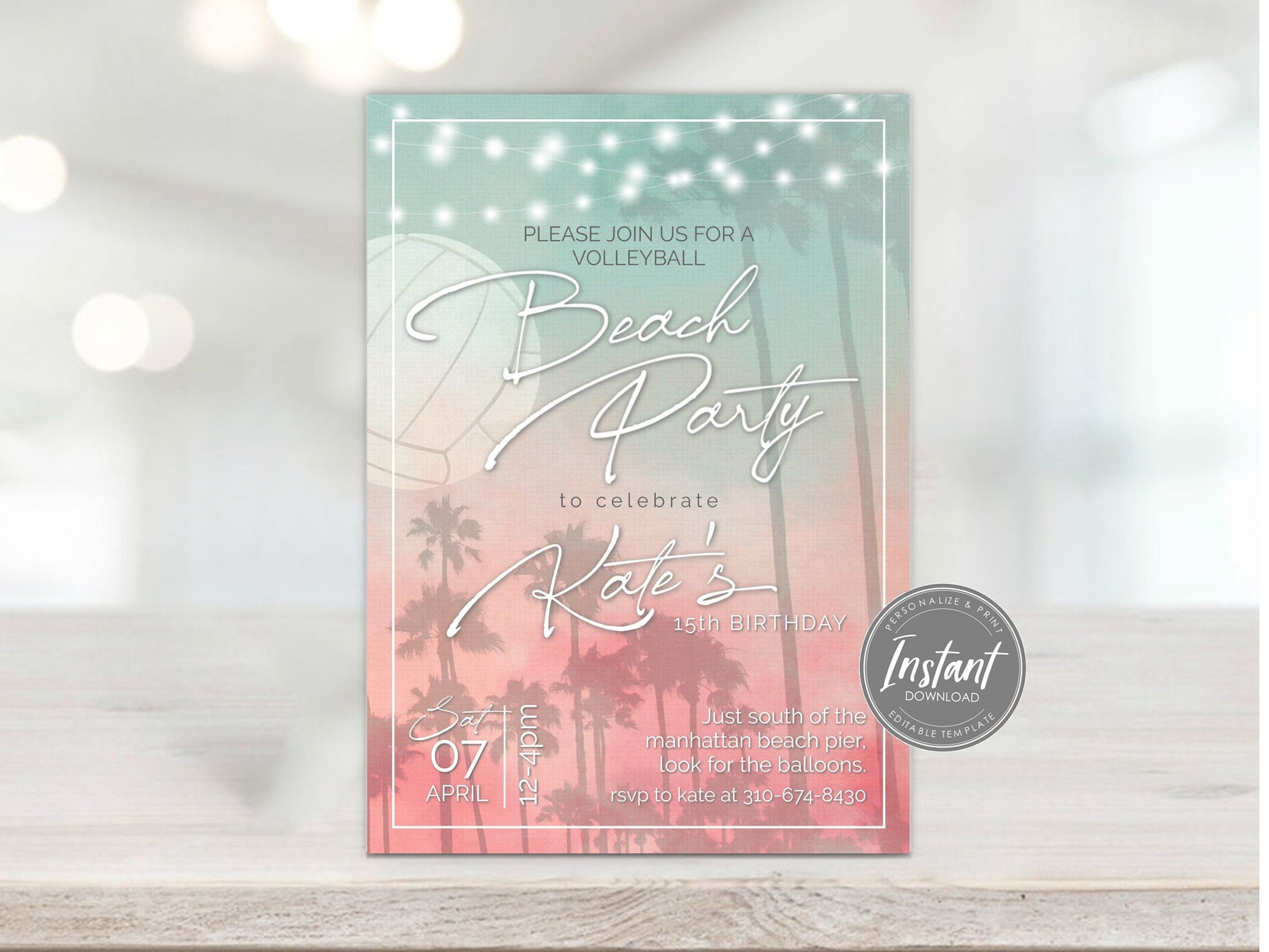 Volleyball Beach Party Invitation Beach Birthday Invite Ombre Watercolor Printable Template Editable Digital Invite Print or