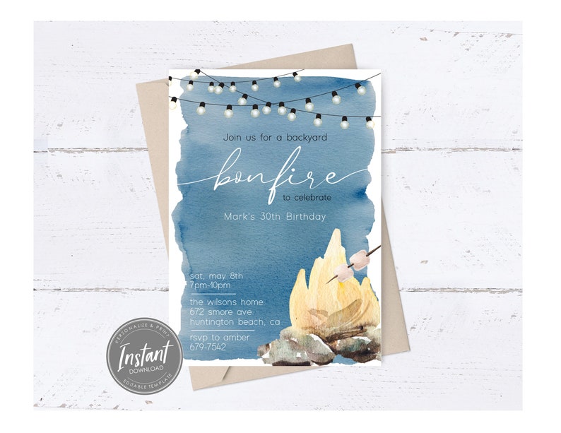 May include: A blue and white watercolor invitation for a backyard bonfire to celebrate a 30th birthday. The invitation includes the date, time, location, and RSVP information.