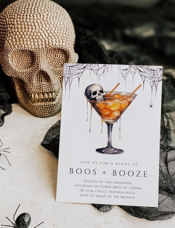 Halloween Party Invitation | Modern Halloween Invitation Template | Halloween Cocktail Party Invite | Boos and Booze |  Digital Invitation