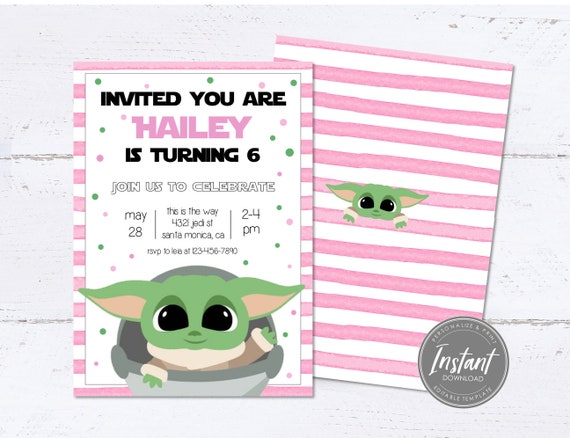 Girls Baby Yoda Birthday Invitation, Star Wars Party, Mandalorian, Invitation Template, Yoda Printable, Editable Digital Invite, Text Email Il_570xn