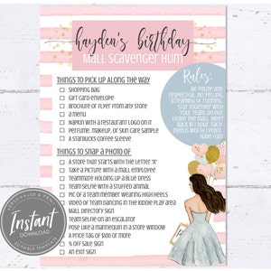 May include: A pink and blue printable scavenger hunt checklist for a birthday party. The checklist includes things to pick up and things to take a photo of. The text includes "Hayden's Birthday" and "Mall Scavenger Hunt".