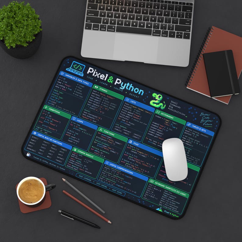 Python Coding Reference Desk Mat | Python Cheat Sheet Mouse Pad | Programmer Gift | Computer Science Student Desk Pad | 12x18 imagen 2