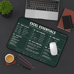 May include: A dark green rectangular desk mat featuring white text titled Excel Essentials, organized into six sections with Windows keyboard shortcuts and everyday formulas, including Move & Select, Edit & Organise, Calculate, Apply Conditions, and Work Faster.