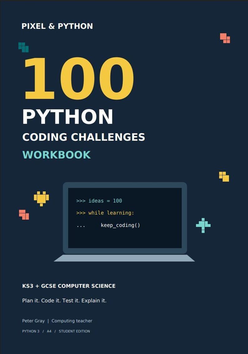 Cuaderno de ejercicios con 100 retos de programación en Python para KS3 y GCSE, hojas de trabajo editables y respuestas para el profesor. imagen 1