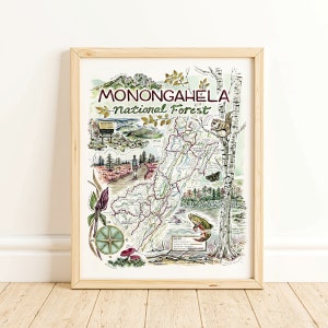 Mapa ilustrado en acuarela del bosque nacional de Monongahela - Naturaleza de Virginia Occidental Lámina artística