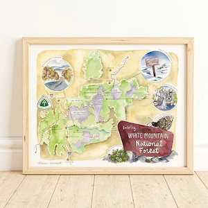 White Mountain National Forest - illustrierte Landkarte in Aquarellfarben