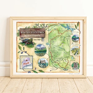Baxter State Park, Maine - Impresión de mapas ilustrados en acuarela