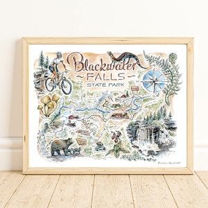 Mapa ilustrado en acuarela del parque estatal Blackwater Falls - Naturaleza de Virginia Occidental Lámina artística