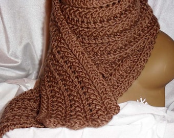 Beautiful Hand Knit Skinny Scarf with Lace Pattern (Sable)