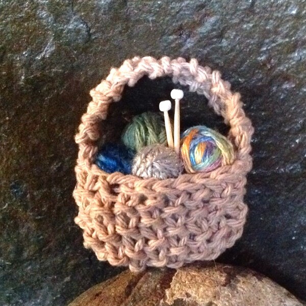 Hand Knit Knitting Basket Ornament