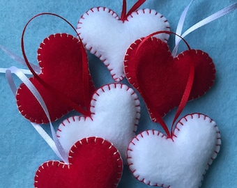 Handmade Felt Valentine’s Hearts, Christmas Hearts, Christmas Tree Ornaments set of 6
