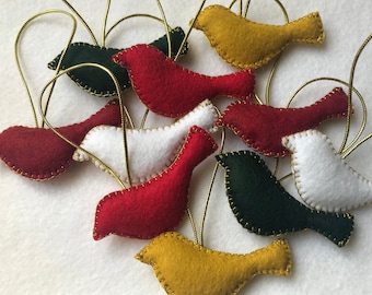 Handmade Wool Felt Birds, Christmas Tree Toppers set of 10