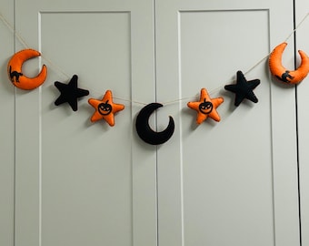 Ghirlanda di feltro per Halloween, decorazioni per Halloween, ghirlanda di stelle e lune