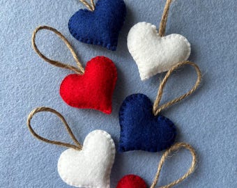 Handmade Wool Felt Patriotic Hearts, Fourth of July decor, Tree Ornaments, White, Red and Blue Hearts.