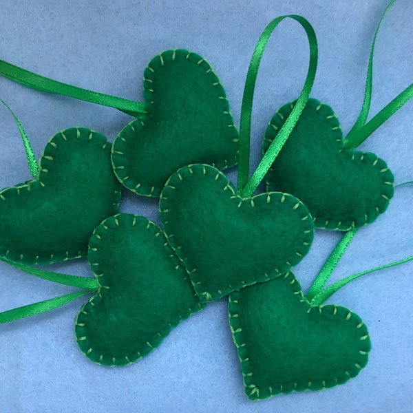 St. Patrick’s Day Decorations, Green Felt Hearts, Christmas Hearts set of 6