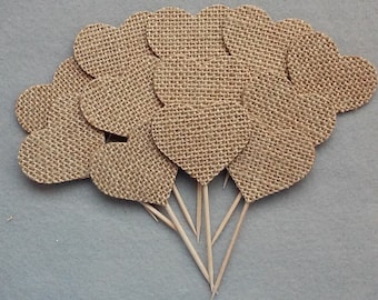 Burlap Heart Cupcake Toppers, Rustic Party Decor, Set of 12