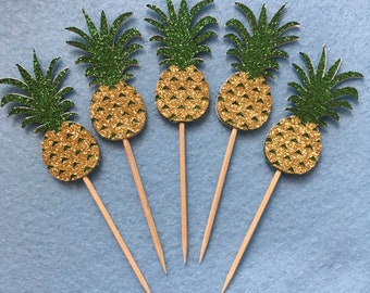 Pineapple Cupcake Toppers, Double Sided Glitter Pineapples Toppers, Luau Party Decor, set of 12