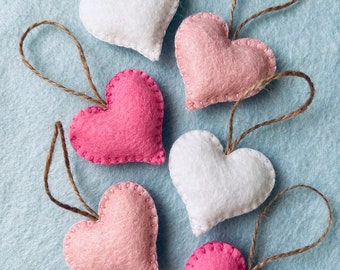 Handmade Wool Felt Hearts, Valentine’s Hearts, Christmas Tree Ornaments, Tiny Hearts set of 6
