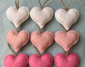 Corazones de fieltro de lana hechos a mano, corazones para San Valentín, adornos para el árbol de Navidad, juego de 9 corazones pequeños.