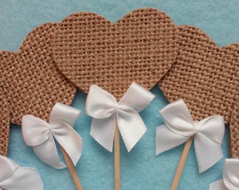 Burlap Fabric Wedding Toothpicks, Rustic Wedding, Bridal Shower Cupcake Toppers Set of 12