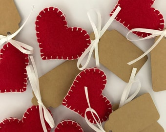 Handmade Red Felt Hearts with a Blank Tag, Valentines Hearts, Pocket Hearts, Gift Topper