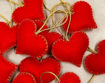 Red Felt Handmade Hearts set of 12, Christmas Tree Ornaments, Valentine's Hearts
