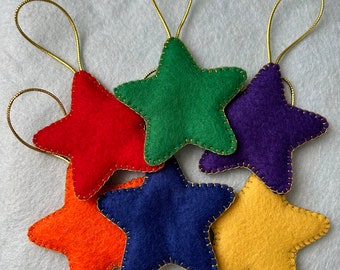 Handmade Wool Felt Stars, Rainbow Colors Stars , Tree Ornaments set of 6