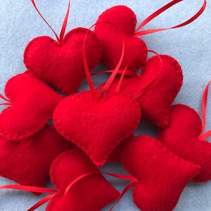 Handmade Felt Hearts set of 10, Christmas Tree Ornaments, Valentine’s Hearts